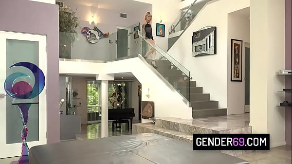 Image Trans girl Lena Moon deepthroats cocks and get double ass banged