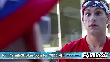 Image Stepmom and Stepdaughter Share a Cock During a Family BBQ, Sucking and Fucking