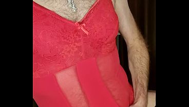 Image Crossdresser wearing Red Lace Body and squirts a load on it
