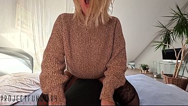 Image wild cowgirl in sweater, garterbelt, stockings and high heels riding for creampie - projectfundiary