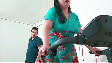 Image Stepson interrupts his stepmom's exercise and fucks her hard on the treadmill Sweat and sex
