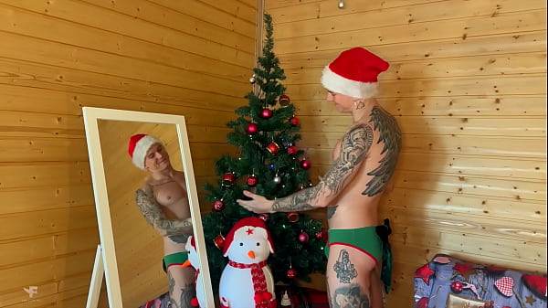 Image The cousin caught the twink and got excited by his sexy New Year's outfit, fucked him hard and came with a powerful stream