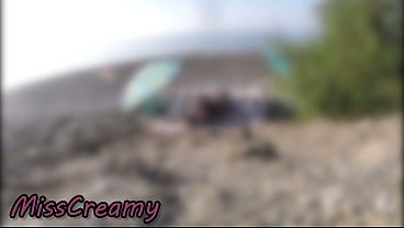 Image Exhibitionist Wife Outdoor Amateur Milf Blowjob & Handjob Big Cock on Nudity Beach public in front of voyeur with cum - MissCreamy