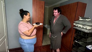 Image BROWN BBW WHORE getting messy as she eats cake while I fuck her from behind