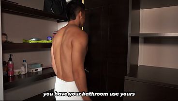 Image Brunette MILF comes out of the bathroom naked after her stepson plays a prank on her