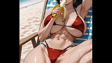 Image Momo Yaoyorozu en bikini quiere crema en su cuerpo musculado
