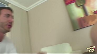 Image Cute blonde shows off her big tits and takes a massive dick in her ass.