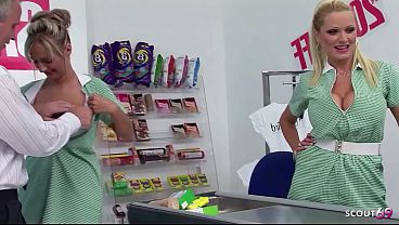Image Two blonde Big Bouncing Boobs Saleswomen seduce to MMFF Foursome Fuck by two Customers
