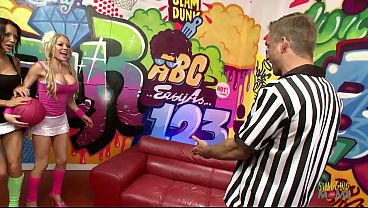 Image Blonde milf beauty and her brunette friend with big fake tits share a guy in an amazing threesome