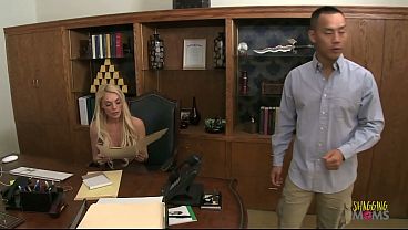 Image Her employee wears unacceptable attire so the blonde milf orders him to make her orgasm from reverse cowgirl