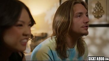 Image Asian girl swallowed big cock and hot teen enjoyed hardcore threesome sex after blowjob