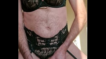 Image Crossdresser wearing Aubade Lingerie and jerks a load of cum on high heels