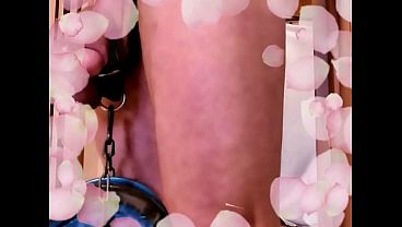 Image naked pathetic white slave pig, VALENTINE greetings as body writing, with 20 pound at his useless testicles, CMNM